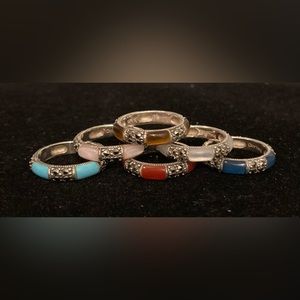 Set of 6 Sterling Silver Marcasite and Gemstone Inlay Band Rings